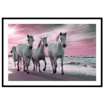 Rosa djurtavla med vita hästar